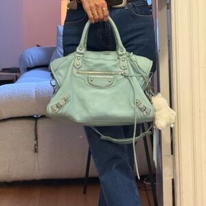 Authentic Balenciaga Classic City Bag in Aqua Blue Leather -Rare - Silver HW